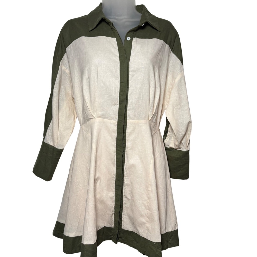 Petal + Pup Olive Green Cream Colorblock Linen Blend Mini Dress Small Garden